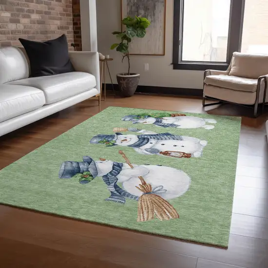 Artichoke Green Denim Blue And Ivory Snowmen Washable Indoor Outdoor Area Rug Photo 6