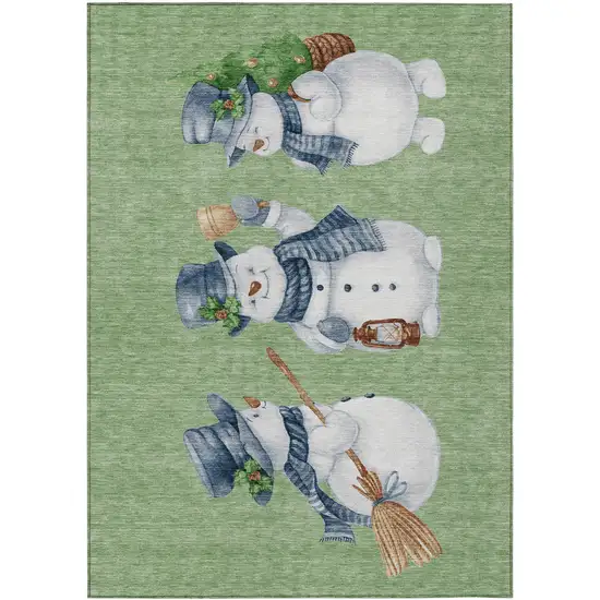 Artichoke Green Denim Blue And Ivory Snowmen Washable Indoor Outdoor Area Rug Photo 2