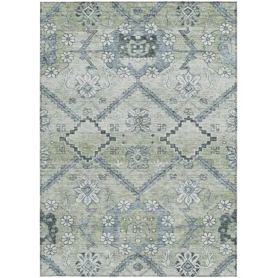 Artichoke Green Denim Blue And Silver Floral Washable Indoor Outdoor Area Rug Photo 7