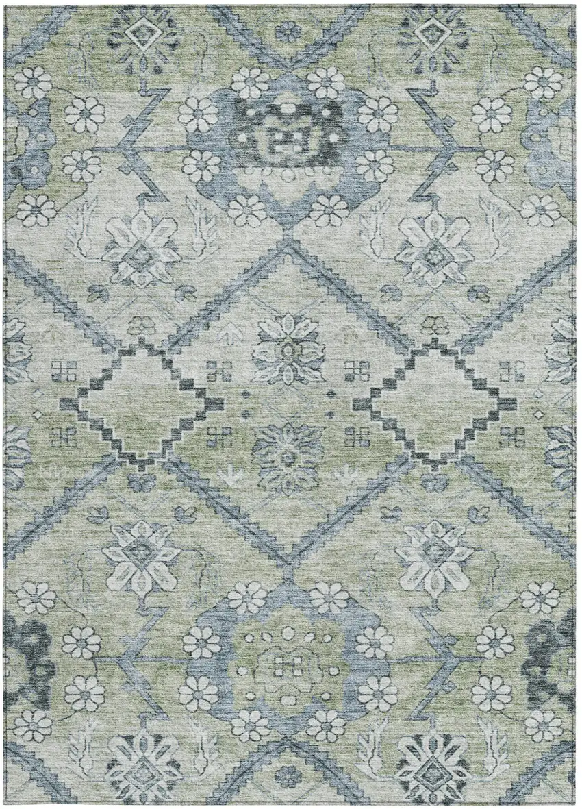 Artichoke Green Denim Blue And Silver Floral Washable Indoor Outdoor Area Rug Photo 7