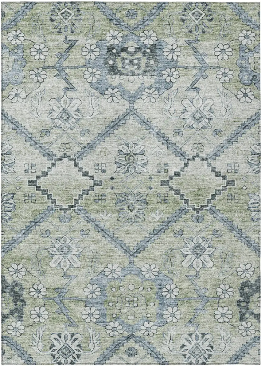 Artichoke Green Denim Blue And Silver Floral Washable Indoor Outdoor Area Rug Photo 2