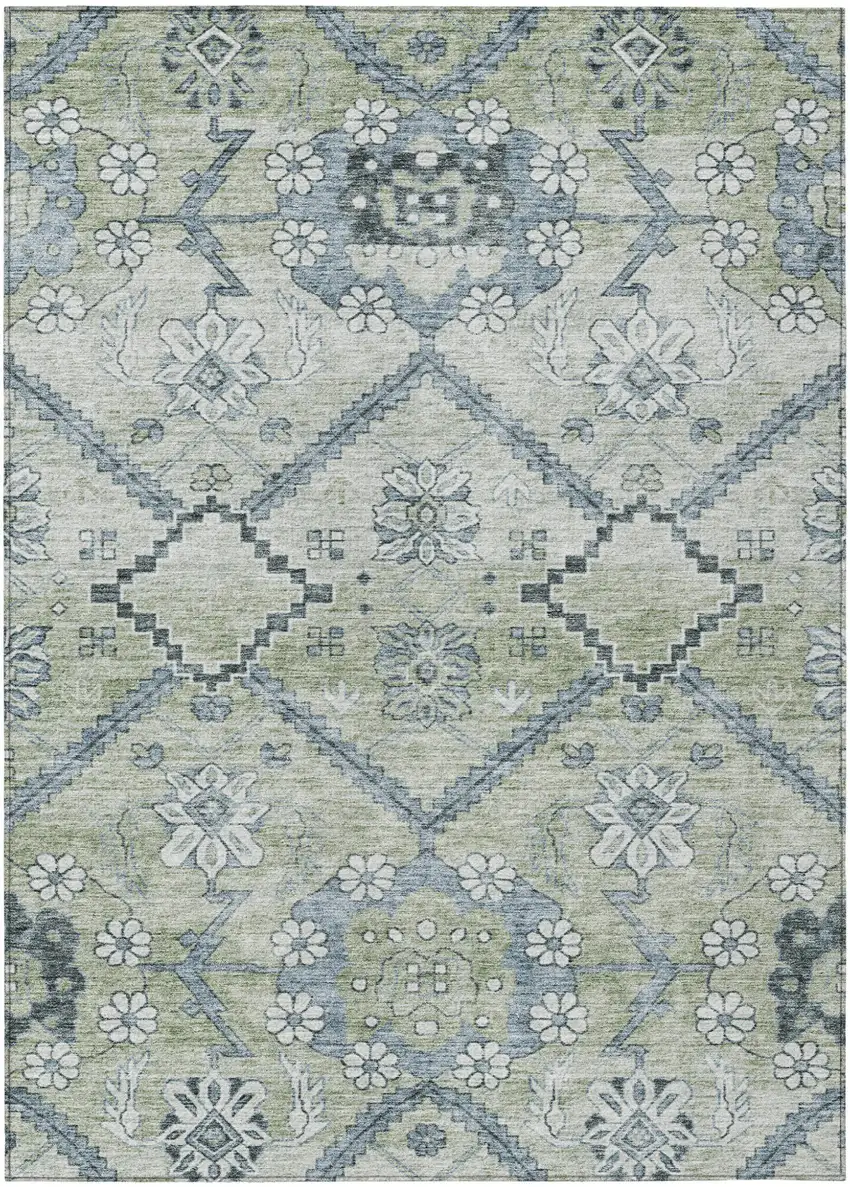 Artichoke Green Denim Blue And Silver Floral Washable Indoor Outdoor Area Rug Photo 2