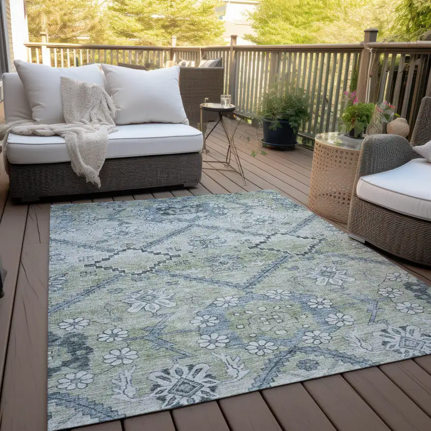 Artichoke Green Denim Blue And Silver Floral Washable Indoor Outdoor Area Rug Photo 7