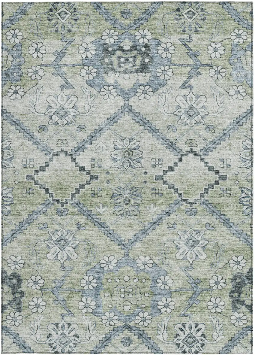 Artichoke Green Denim Blue And Silver Floral Washable Indoor Outdoor Area Rug Photo 6