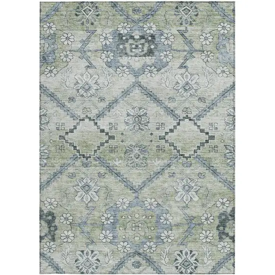 Artichoke Green Denim Blue And Silver Floral Washable Indoor Outdoor Area Rug Photo 6