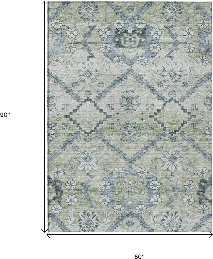 Artichoke Green Denim Blue And Silver Floral Washable Indoor Outdoor Area Rug Photo 3