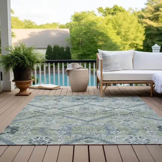 Artichoke Green Denim Blue And Silver Floral Washable Indoor Outdoor Area Rug Photo 9