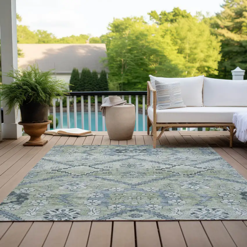 Artichoke Green Denim Blue And Silver Floral Washable Indoor Outdoor Area Rug Photo 9