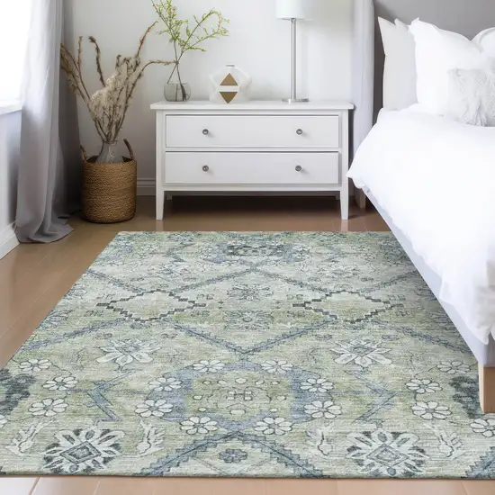Artichoke Green Denim Blue And Silver Floral Washable Indoor Outdoor Area Rug Photo 8