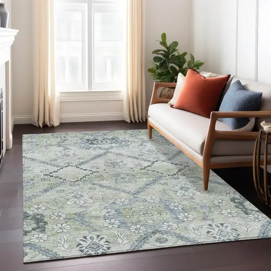 Artichoke Green Denim Blue And Silver Floral Washable Indoor Outdoor Area Rug Photo 9