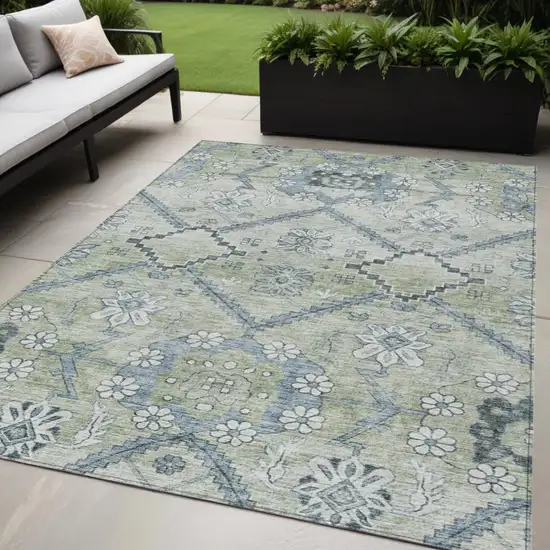 Artichoke Green Denim Blue And Silver Floral Washable Indoor Outdoor Area Rug Photo 1