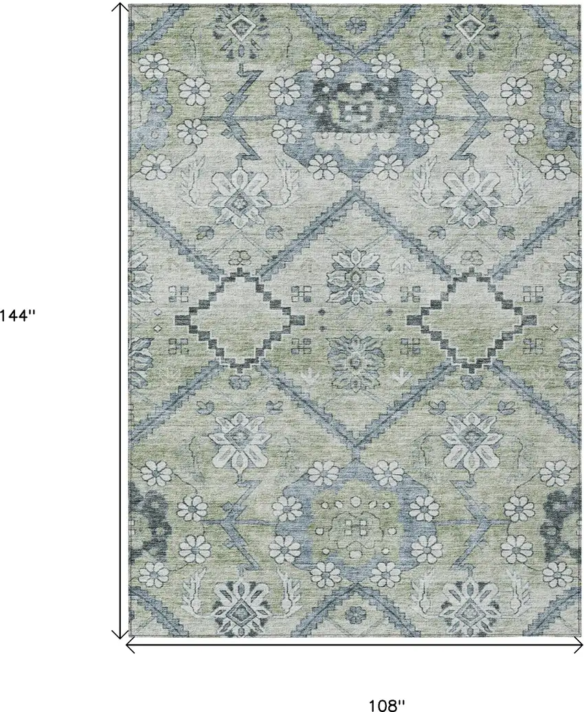 Artichoke Green Denim Blue And Silver Floral Washable Indoor Outdoor Area Rug Photo 3