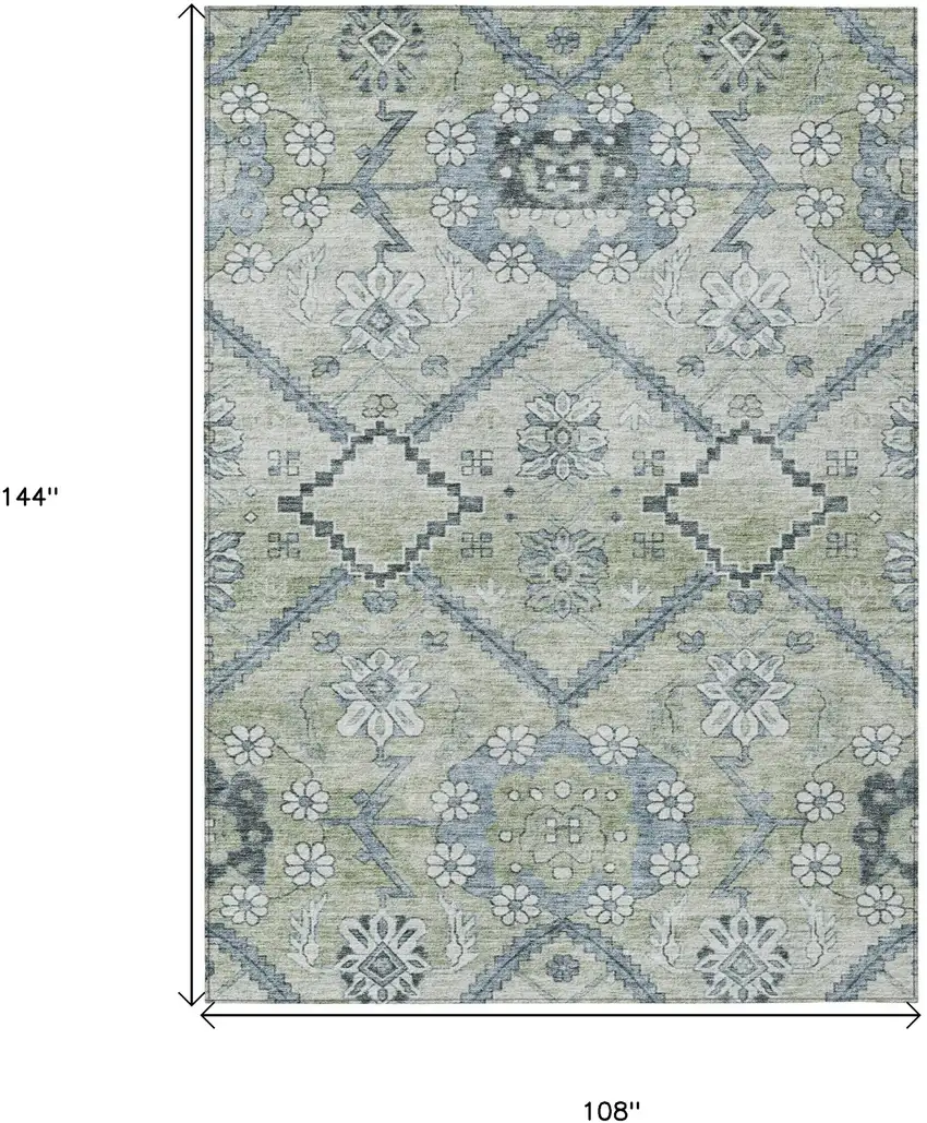Artichoke Green Denim Blue And Silver Floral Washable Indoor Outdoor Area Rug Photo 3