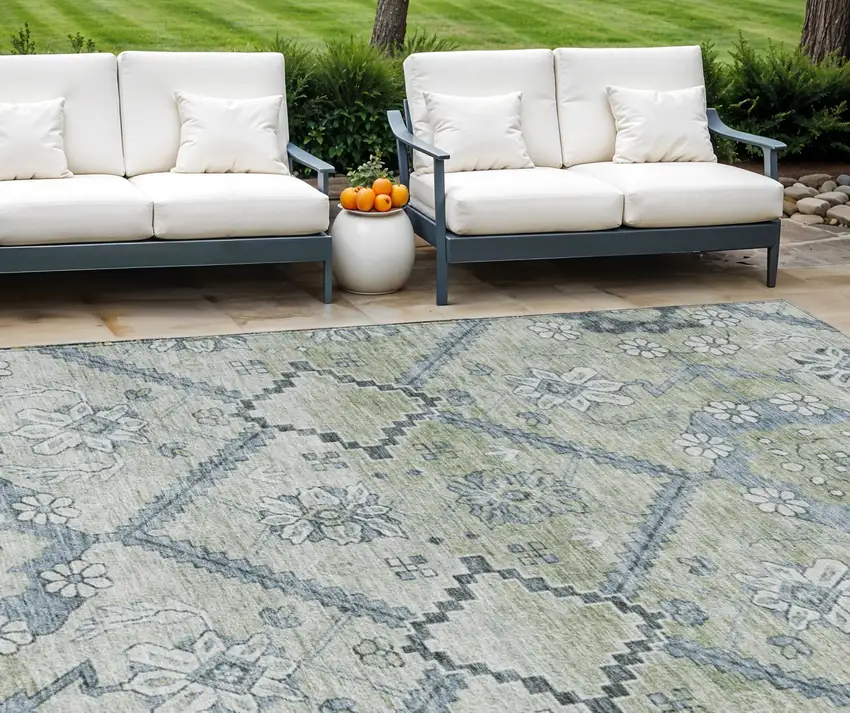 Artichoke Green Denim Blue And Silver Floral Washable Indoor Outdoor Area Rug Photo 1