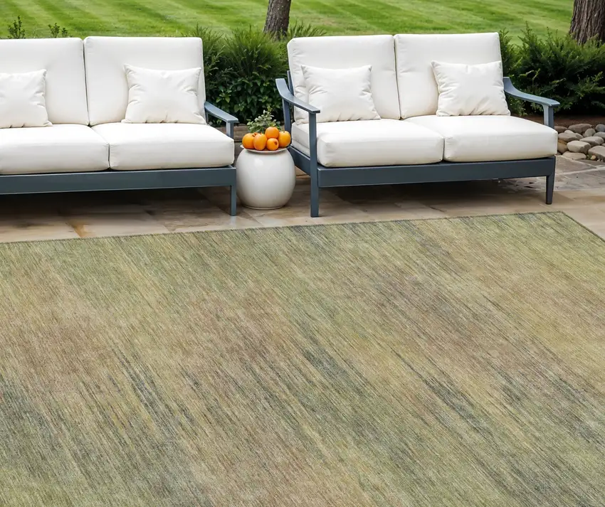 Artichoke Green Fern Green And Gold Abstract Washable Indoor Outdoor Area Rug Photo 1
