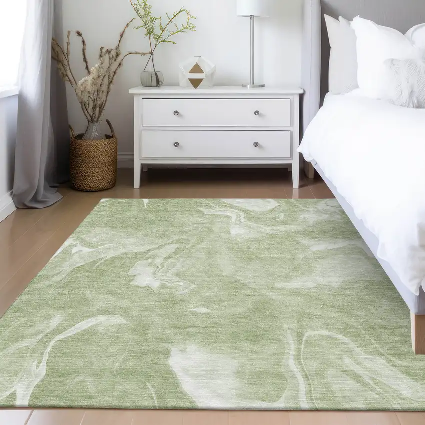 Artichoke Green Fern Green And Ivory Abstract Washable Indoor Outdoor Area Rug Photo 8
