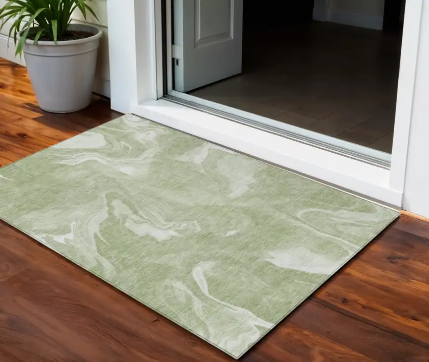 Artichoke Green Fern Green And Ivory Abstract Washable Indoor Outdoor Area Rug Photo 1