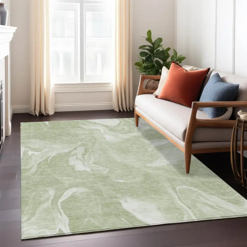 Artichoke Green Fern Green And Ivory Abstract Washable Indoor Outdoor Area Rug Photo 9