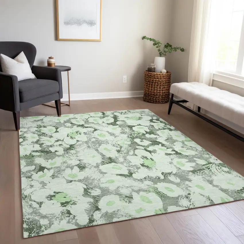 Artichoke Green Floral Washable Non Skid Indoor Outdoor Area Rug Photo 9