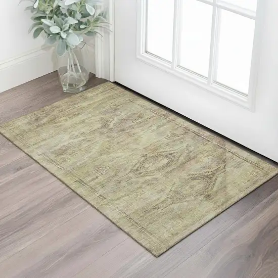 Artichoke Green Gold And Beige Abstract Geometric Washable Area Rug With UV Protection Photo 2