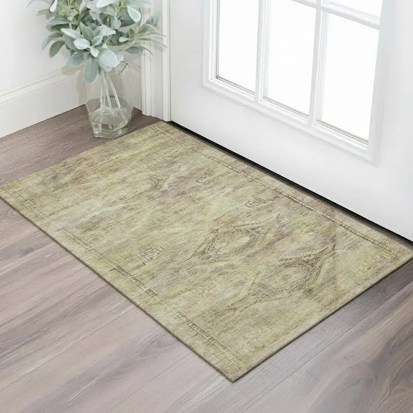 Artichoke Green Gold And Beige Abstract Geometric Washable Area Rug With UV Protection Photo 2