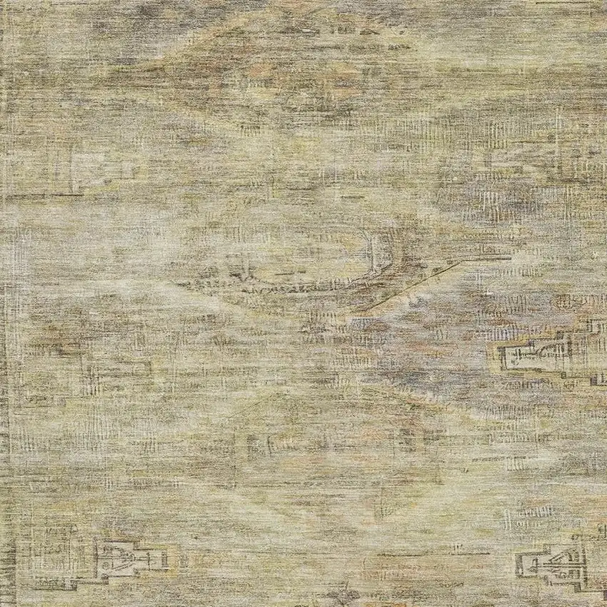 Artichoke Green Gold And Beige Abstract Geometric Washable Area Rug With UV Protection Photo 2