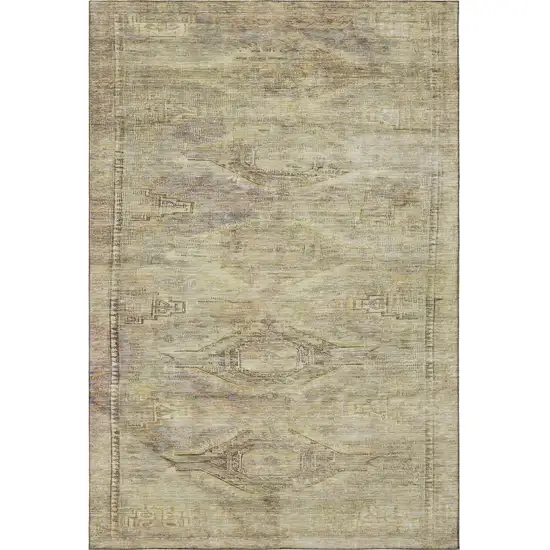 Artichoke Green Gold And Beige Abstract Geometric Washable Area Rug With UV Protection Photo 3