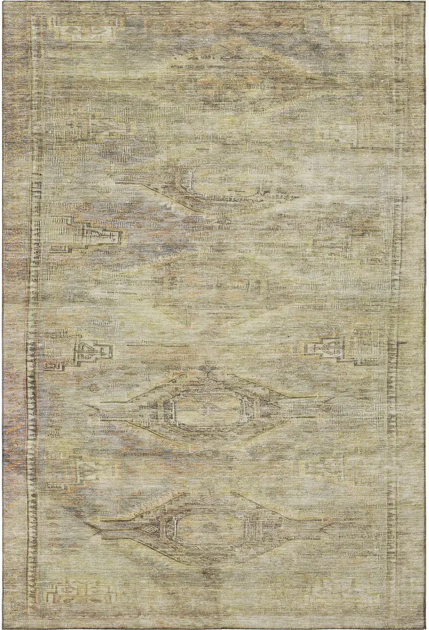 Artichoke Green Gold And Beige Abstract Geometric Washable Area Rug With UV Protection Photo 3