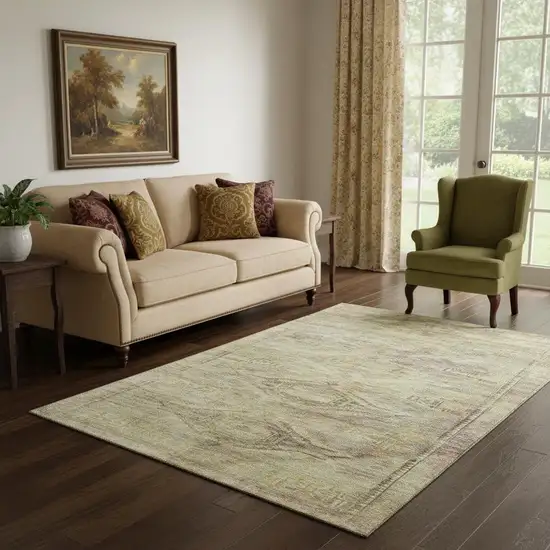 Artichoke Green Gold And Beige Abstract Geometric Washable Area Rug With UV Protection Photo 2