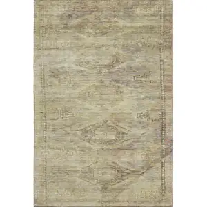 Photo of Artichoke Green Gold And Beige Abstract Geometric Washable Area Rug With UV Protection
