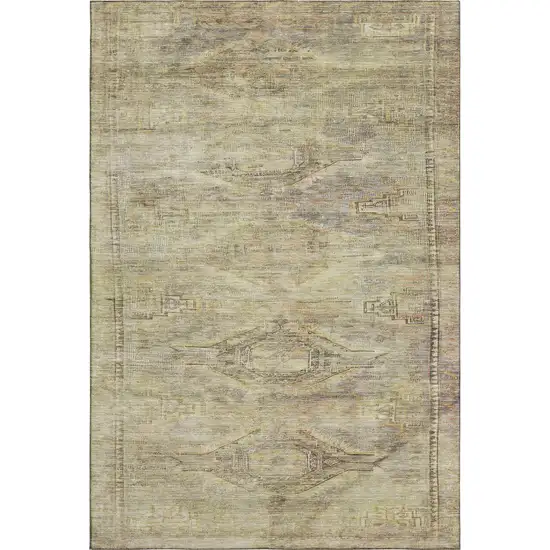 Artichoke Green Gold And Beige Abstract Geometric Washable Area Rug With UV Protection Photo 1