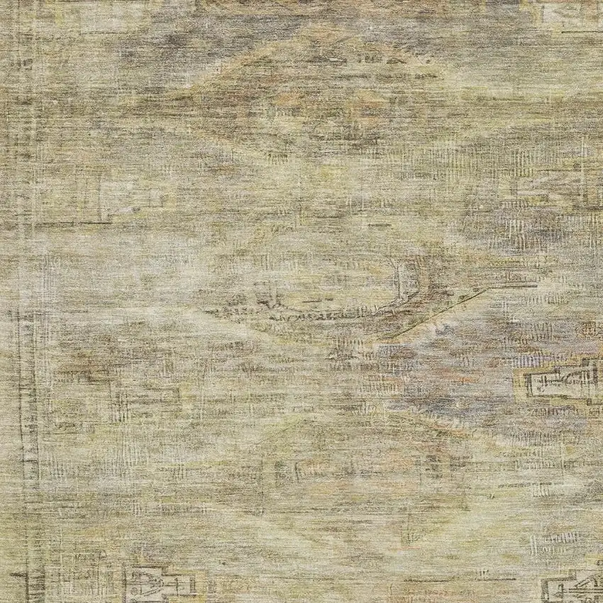 Artichoke Green Gold And Beige Abstract Geometric Washable Area Rug With UV Protection Photo 2