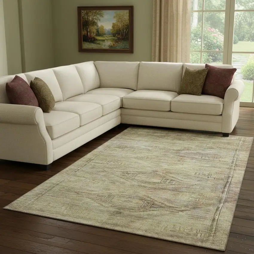 Artichoke Green Gold And Beige Abstract Geometric Washable Area Rug With UV Protection Photo 2