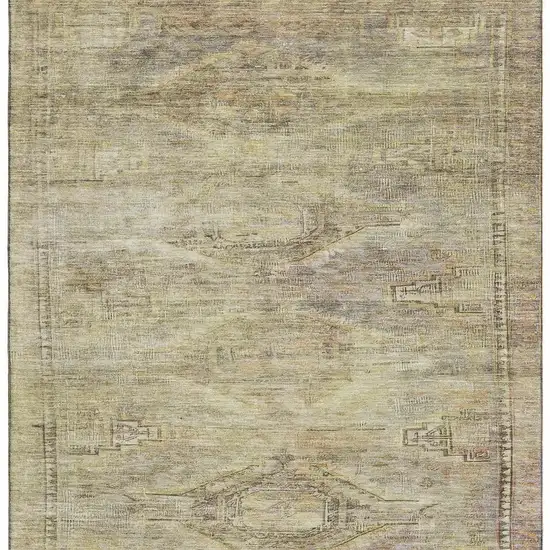 Artichoke Green Gold And Beige Abstract Geometric Washable Area Rug With UV Protection Photo 2