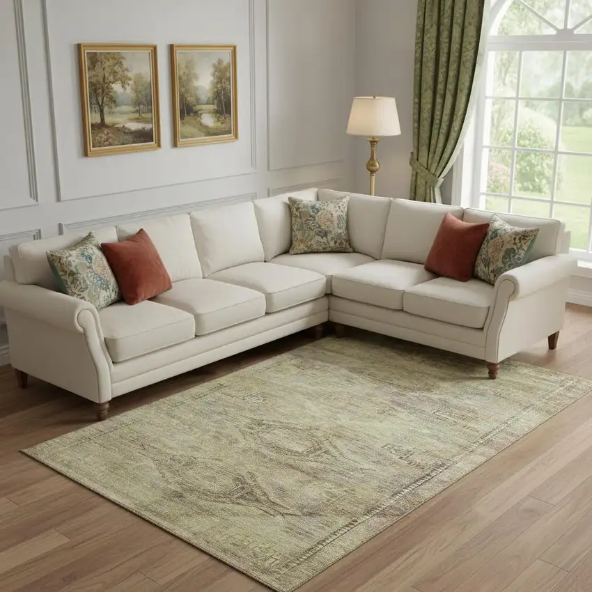 Artichoke Green Gold And Beige Abstract Geometric Washable Area Rug With UV Protection Photo 2