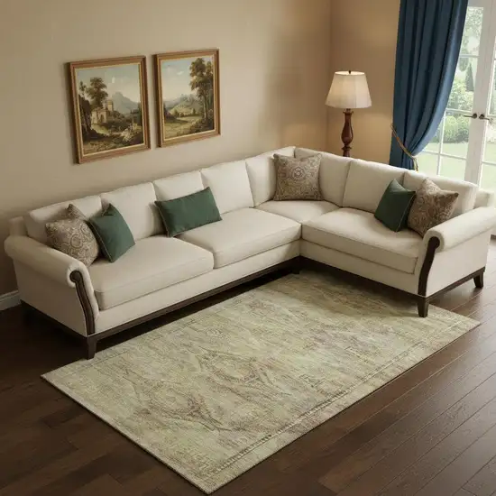 Artichoke Green Gold And Beige Abstract Geometric Washable Area Rug With UV Protection Photo 2