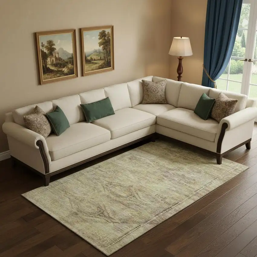 Artichoke Green Gold And Beige Abstract Geometric Washable Area Rug With UV Protection Photo 2