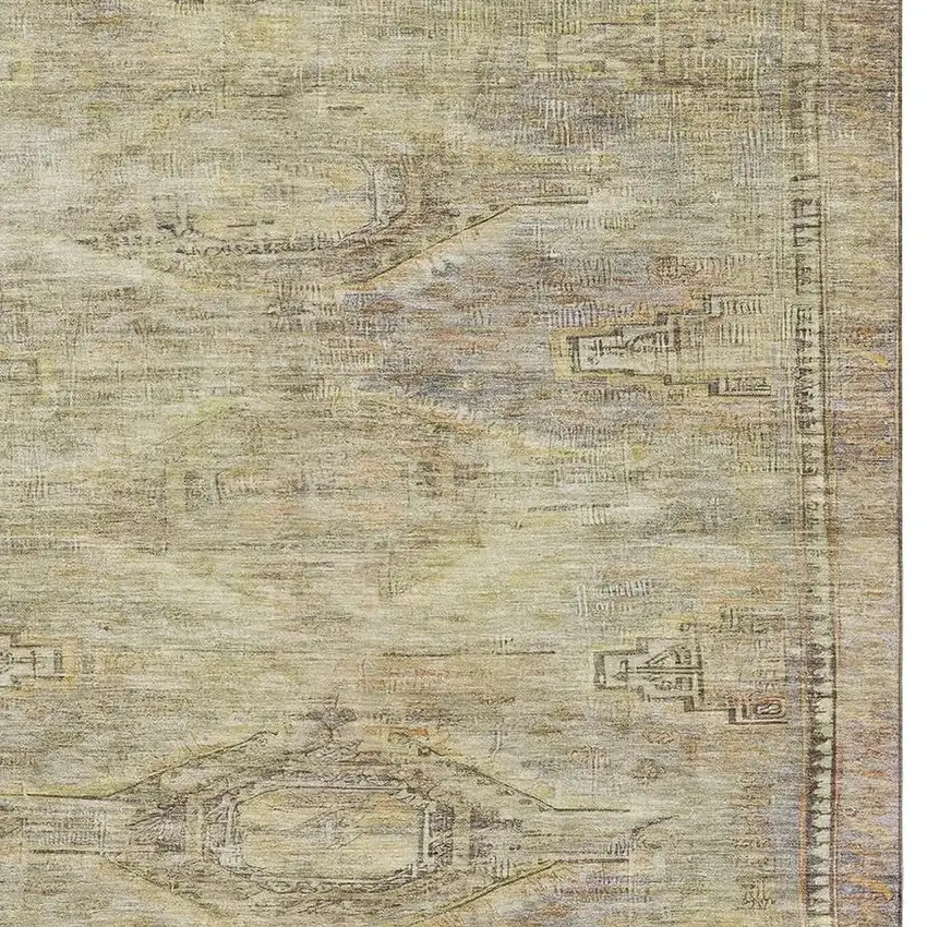 Artichoke Green Gold And Beige Abstract Geometric Washable Area Rug With UV Protection Photo 2