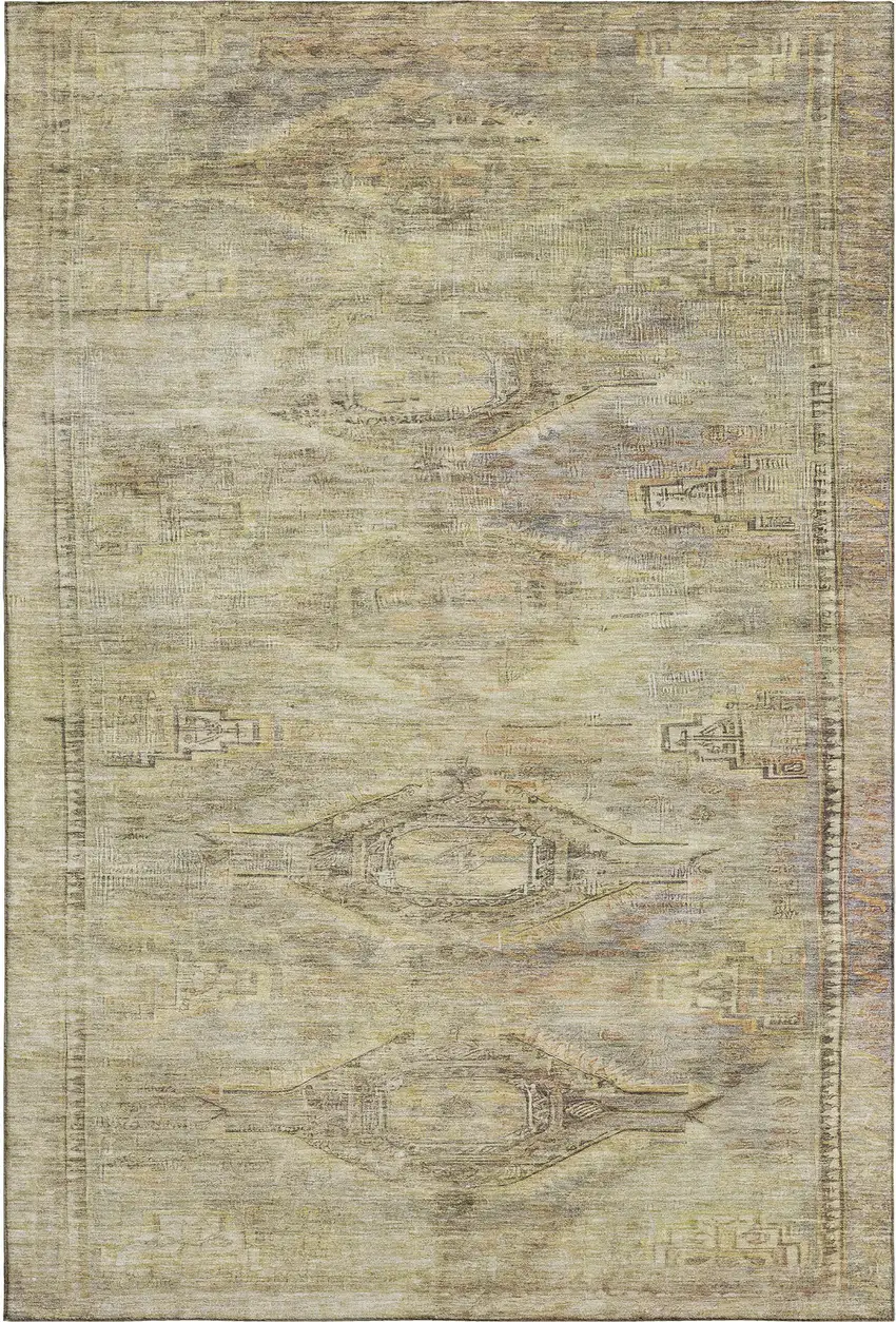 Artichoke Green Gold And Beige Abstract Geometric Washable Area Rug With UV Protection Photo 1