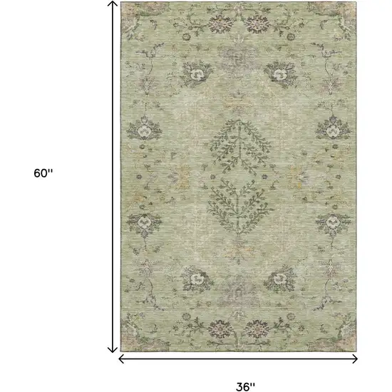 Artichoke Green Gold And Beige Floral Washable Area Rug With UV Protection Photo 9