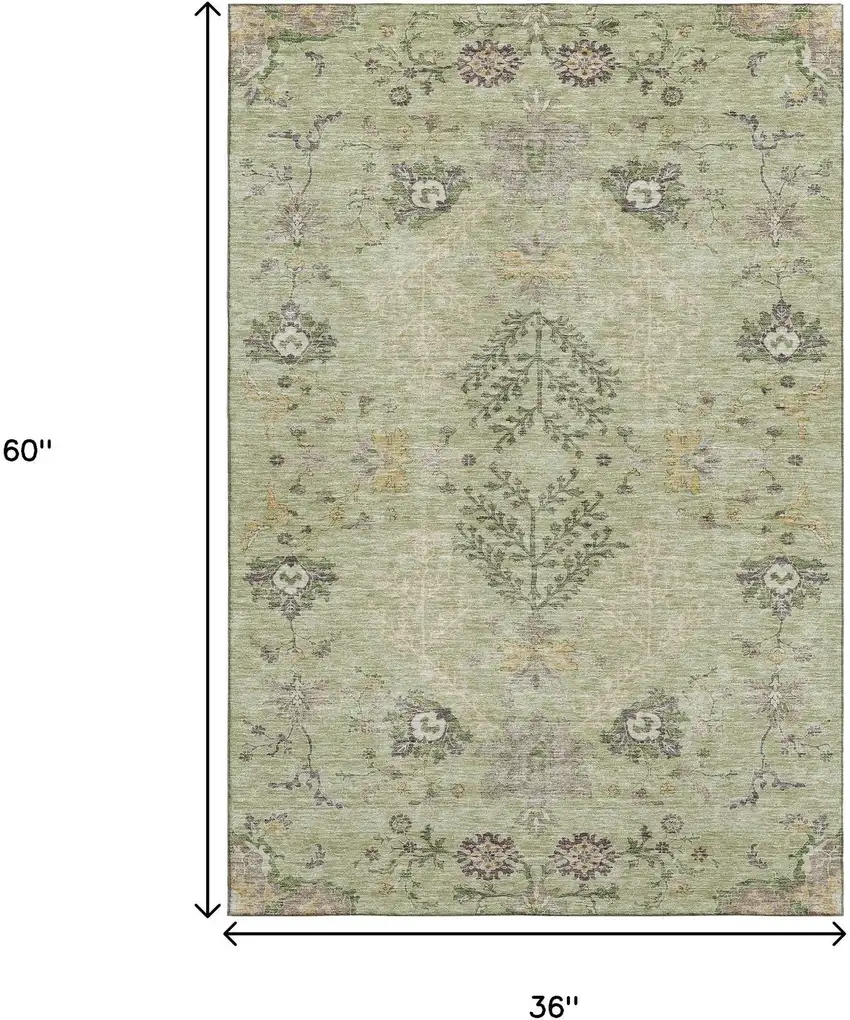 Artichoke Green Gold And Beige Floral Washable Area Rug With UV Protection Photo 9