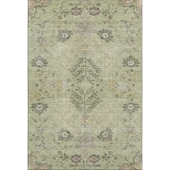 Artichoke Green Gold And Beige Floral Washable Area Rug With UV Protection Photo 1