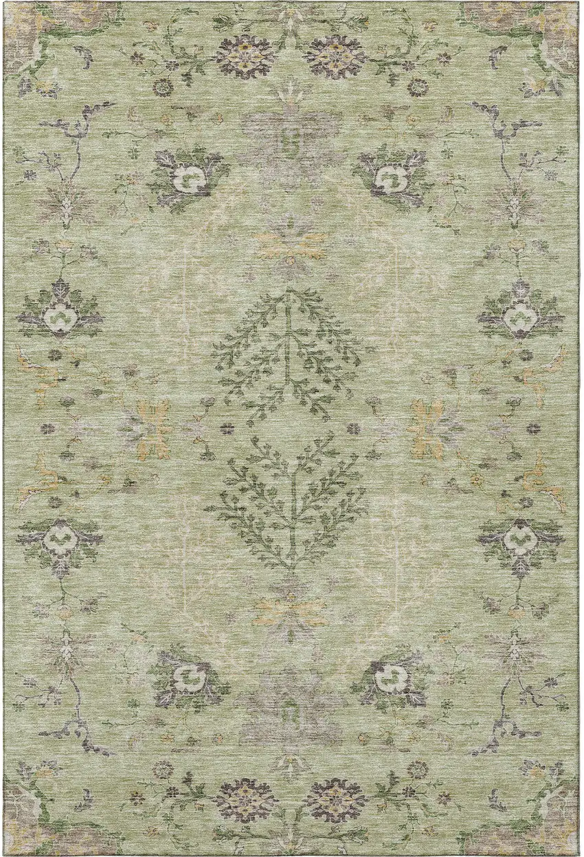 Artichoke Green Gold And Beige Floral Washable Area Rug With UV Protection Photo 3