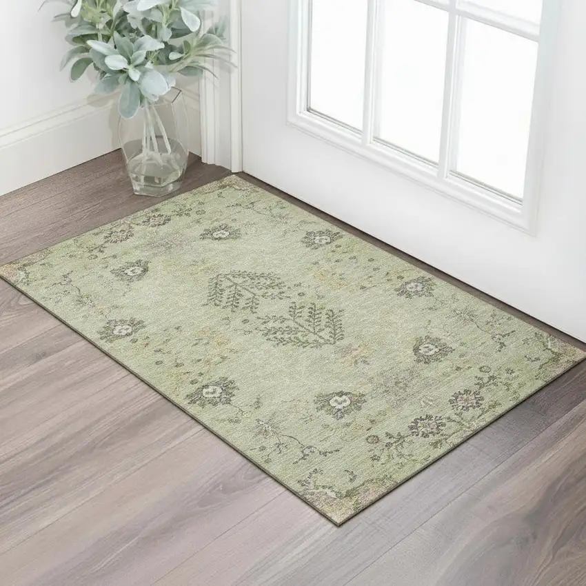Artichoke Green Gold And Beige Floral Washable Area Rug With UV Protection Photo 2