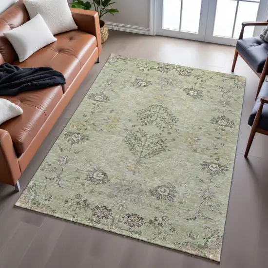 Artichoke Green Gold And Beige Floral Washable Area Rug With UV Protection Photo 5