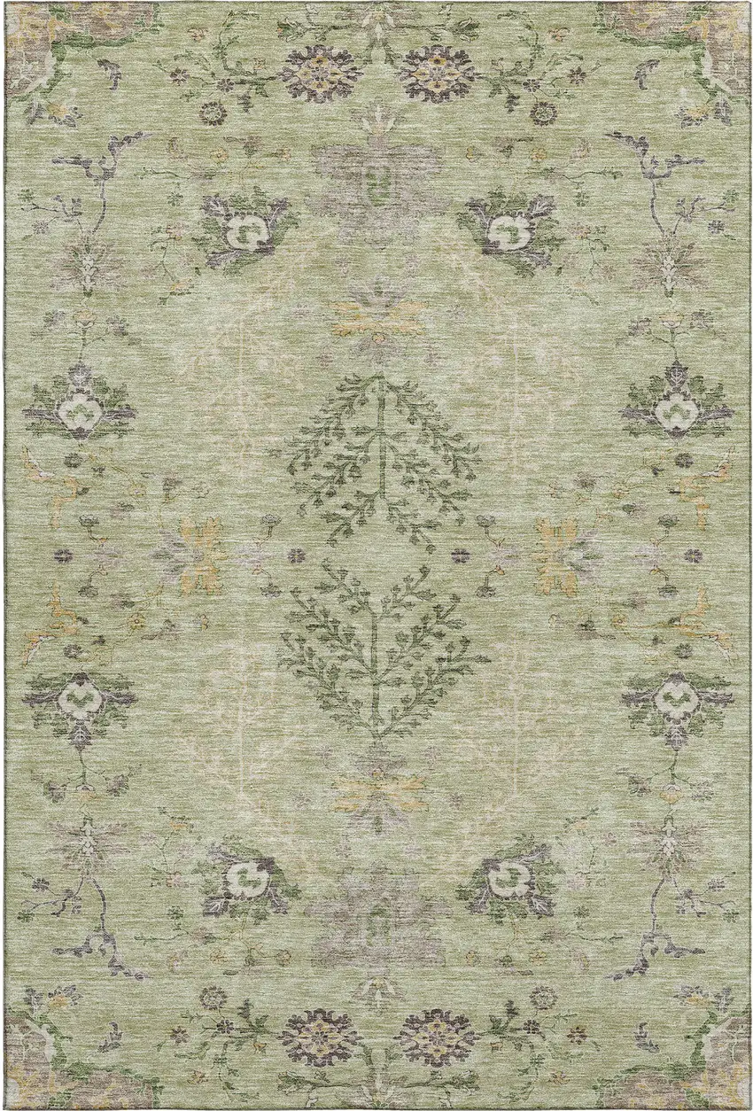 Artichoke Green Gold And Beige Floral Washable Area Rug With UV Protection Photo 1