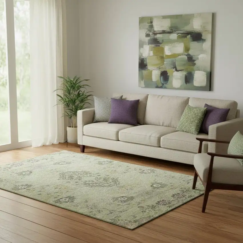 Artichoke Green Gold And Beige Floral Washable Area Rug With UV Protection Photo 2