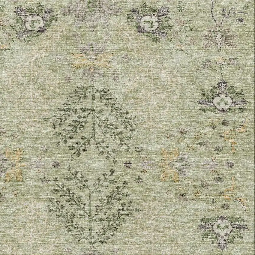 Artichoke Green Gold And Beige Floral Washable Area Rug With UV Protection Photo 2