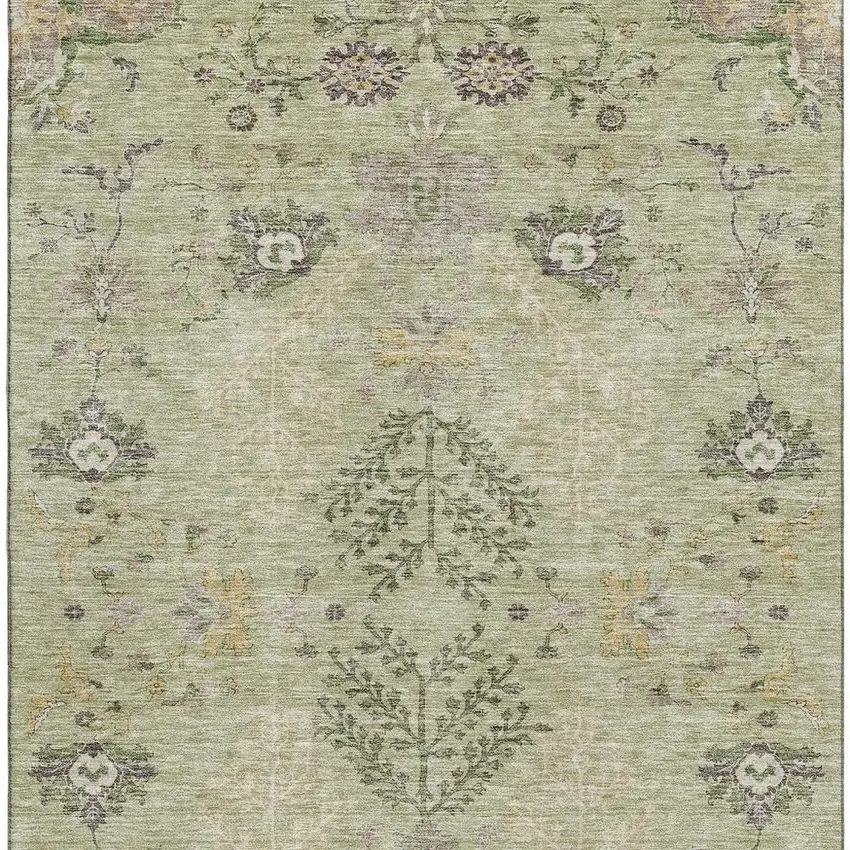 Artichoke Green Gold And Beige Floral Washable Area Rug With UV Protection Photo 3