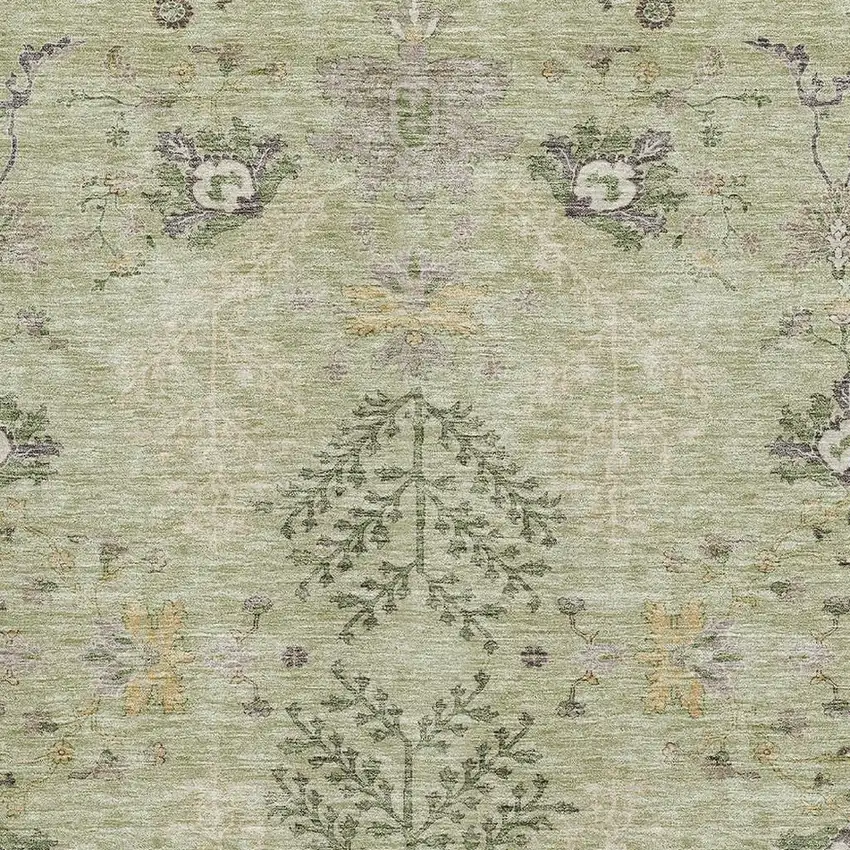 Artichoke Green Gold And Beige Floral Washable Area Rug With UV Protection Photo 2